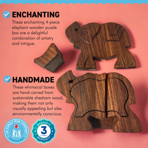 4-piece Elephant Wooden Puzzle Box | Wooden Elephant Puzzle Box | Handmade wooden puzzle box | Handmade Wooden trinket secrets Box | Sustainable Shesham wooden hand carved box | 12cm (w) x 5cm (h)