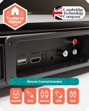 Load image into Gallery viewer, Refurbished Oakcastle 𝗦𝗕𝟴𝟬 𝗫𝗧𝗥𝗔 𝟮𝟬𝟬𝗪 𝟮.𝟭 𝗖𝗛𝗔𝗡𝗡𝗘𝗟 𝗦𝗢𝗨𝗡𝗗 𝗕𝗔𝗥 FOR TV with External Subwoofer | Bluetooth 5.3 Soundbar with HDMI ARC, Optical, AUX &amp; USB Playback | Home Cinema TV Speakers with Remote &amp; Wall Mount
