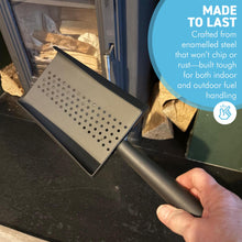 Load image into Gallery viewer, 𝗘𝗡𝗔𝗠𝗘𝗟𝗟𝗘𝗗 𝗦𝗧𝗘𝗘𝗟 𝗪𝗢𝗢𝗗𝗙𝗜𝗥𝗘 𝗣𝗘𝗟𝗟𝗘𝗧 &amp; 𝗖𝗢𝗔𝗟 𝗦𝗛𝗢𝗩𝗘𝗟 | Matt Black Metal Scoop | 33cm (L) | Dust-Free | Easy Scooping | Durable | BBQ cooking
