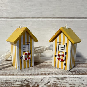 Pair of Yellow beach hut light pulls | Nautical Theme Wooden Beach Hut Cord Pull Light Pulls