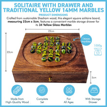 Load image into Gallery viewer, Wooden Solitaire with Drawer for Traditonal Yellow Marbles | Travel Games | Strategic &amp; Traditional Games | Perfect for Adults &amp; Family Fun

