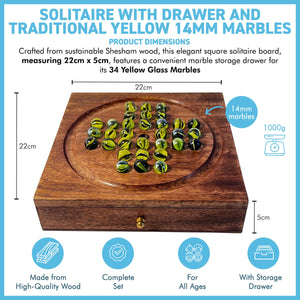 Wooden Solitaire with Drawer for Traditonal Yellow Marbles | Travel Games | Strategic & Traditional Games | Perfect for Adults & Family Fun