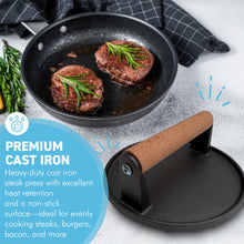 Load image into Gallery viewer, 𝗛𝗘𝗔𝗩𝗬 𝗗𝗨𝗧𝗬 𝗖𝗔𝗦𝗧 𝗜𝗥𝗢𝗡 𝗦𝗧𝗘𝗔𝗞 𝗣𝗥𝗘𝗦𝗦: 17cm (7in) Non-Stick Round Grill Press | Wooden Handle for Burgers, Bacon &amp; Steaks | Flat Top Griddle | BBQ Meat Press
