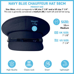 Size 58cm | Medium Navy Blue Chauffeur Style Peaked Cap | Traditional style ideal for weddings, school proms and special events| Driving Cap | UK size 7 1/8  | US size 7 1/4