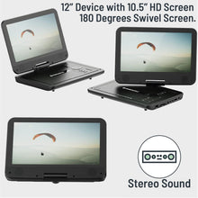 Load image into Gallery viewer, 12” Portable DVD Player | Rechargeable DVD Player Portable with 10.5 inch HD Swivel and Flip Screen | Mains or Car Powered, Region Free, Anti-Shock Protect, Remote Control | Oakcastle DVD120
