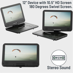 12” Portable DVD Player | Rechargeable DVD Player Portable with 10.5 inch HD Swivel and Flip Screen | Mains or Car Powered, Region Free, Anti-Shock Protect, Remote Control | Oakcastle DVD120