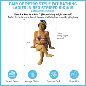 2 Fat Bathing Ladies in Red Striped Bikinis, Novelty Bathroom Figurines