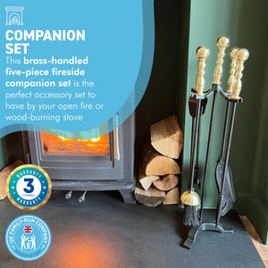 Large brass handled metal 5-piece fireside companion set | Fire companion sets | includes stand, brush, tongs, poker, and shovel | 61cm high | Wood burner set | Fireside tools accessories