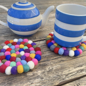 Pair of Handmade Rainbow Wool Felt Ball Mat | Colorful Coaster Trivets | Home Decor Table Mat
