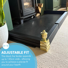 Load image into Gallery viewer, 𝗔𝗗𝗝𝗨𝗦𝗧𝗔𝗕𝗟𝗘 𝗕𝗟𝗔𝗖𝗞 𝗙𝗜𝗥𝗘 𝗙𝗘𝗡𝗗𝗘𝗥 𝗪𝗜𝗧𝗛 𝗣𝗢𝗟𝗜𝗦𝗛𝗘𝗗 𝗙𝗜𝗡𝗜𝗔𝗟𝗦 (𝟭𝟰𝟱𝗰𝗺 𝗠𝗮𝘅 𝗟𝗲𝗻𝗴𝘁𝗵) | Self Assembly | Fireplace Hearth Guard | Protective Barrier to prevent Ash &amp; Spark damage

