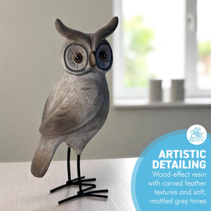 Resin Wood-Effect Standing Owl Ornament with Metal Legs – 25cm Tall, Playful Home Décor