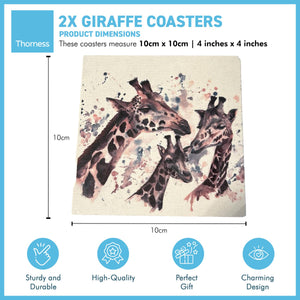 2 x GIRAFFE STONE COASTERS | Stone Coasters | Animal novelty gift | Coaster for glass, mugs and cups| Square coaster for drinks | Giraffe gift | Meg Hawkins art | 10cm x 10cm