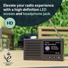 Load image into Gallery viewer, PORTABLE BLUETOOTH DAB/DAB+ RADIO | Rechargeable Battery Pocket Radio with 11 Hours Playback | FM Radio, Dual Alarm, 20 Presets, and Full Colour LED Display | USB, Headphone Jack | Majority Eddington
