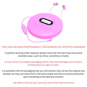 Pink Oakcastle CD100 RECHARGEABLE BLUETOOTH CD PLAYER | 12hr Portable Playtime | In Car Compatible Personal CD Player | Headphones Included, AUX Output, Anti-Skip Protection, Custom EQ, CD Walkman (Pink)