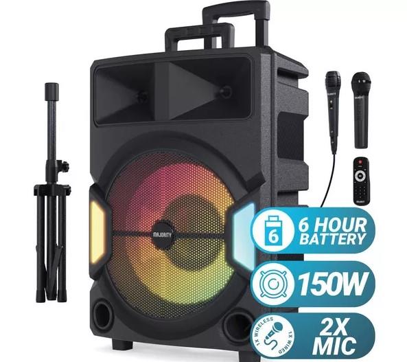 Majority P500 150W Bluetooth PARTY SPEAKER with Mic, Tripod & LED Light Show – New