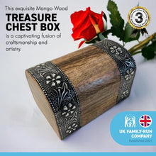 Load image into Gallery viewer, Mango Wood Treasure KeepsakeMANGO WOOD TREASURE CHEST KEEPSAKE BOX | Jewellery Box | Trinket Box | Treasure Chest | Wooden Box | Keepsake Box | Decorative Floral Embossed   Chest Box
