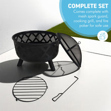 Load image into Gallery viewer, 𝗟𝗔𝗥𝗚𝗘 𝗦𝗧𝗘𝗘𝗟 𝗢𝗨𝗧𝗗𝗢𝗢𝗥 𝗙𝗜𝗥𝗘 𝗣𝗜𝗧 𝗕𝗢𝗪𝗟 | Modern Black Steel Lattice Design with Mesh Cover | Safety Poker &amp; Log Grate included | 𝗪𝗢𝗢𝗗 𝗢𝗥 𝗖𝗛𝗔𝗥𝗖𝗢𝗔𝗟 𝗕𝗨𝗥𝗡𝗘𝗥 for Patio &amp; Garden
