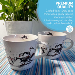 Pair of Puffin Group Mugs, 100% Bone China, Gift for Nature Lovers, Coastal Home Decor