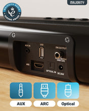 Load image into Gallery viewer, Majority 𝗕𝗟𝗨𝗘𝗧𝗢𝗢𝗧𝗛 𝗦𝗢𝗨𝗡𝗗𝗕𝗔𝗥 for TV | 2.1 Channel 3D Surround Sound | Wireless &amp; Wall Mountable | HDMI ARC, AUX, Optical, USB Playback, Remote &amp; Brackets Included | Naga 60
