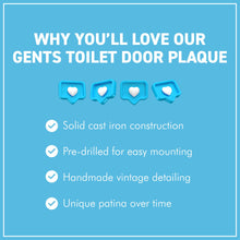 Load image into Gallery viewer, 𝗩𝗜𝗡𝗧𝗔𝗚𝗘 𝗦𝗧𝗬𝗟𝗘 𝗚𝗘𝗡𝗧𝗦/𝗠𝗘𝗡𝗦 𝗖𝗔𝗦𝗧 𝗜𝗥𝗢𝗡 𝗧𝗢𝗜𝗟𝗘𝗧 𝗗𝗢𝗢𝗥 𝗦𝗜𝗚𝗡 | 𝟯′ 𝘅 𝟲’ (𝟳𝟱𝗺𝗺 𝘅 𝟭𝟱𝟬𝗺𝗺) | Plaque | Bathroom | Wall Decor | Antique Style | Bathroom Sign | Restroom | Door Sign | Decorative Home Accessory
