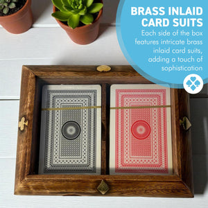 𝗟𝗨𝗫𝗨𝗥𝗬 𝗪𝗢𝗢𝗗𝗘𝗡 𝗣𝗟𝗔𝗬𝗜𝗡𝗚 𝗖𝗔𝗥𝗗 𝗕𝗢𝗫 – 2 Decks, Brass Inlay, clear hinged lid