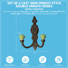 Load image into Gallery viewer, Set of 4 𝗙𝗥𝗘𝗡𝗖𝗛 𝗦𝗧𝗬𝗟𝗘 𝗖𝗔𝗦𝗧 𝗜𝗥𝗢𝗡 𝗗𝗢𝗨𝗕𝗟𝗘 𝗛𝗢𝗢𝗞𝗦 – Lime Green Ceramic Tops, Wall Coat Hooks for Hallway, Cloakroom, Bedroom
