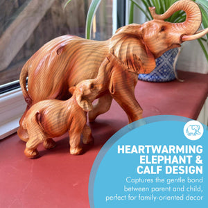 Wood Effect Elephant and Calf Decorative Ornament - Wildlife Home Accessory Gift for Living Room