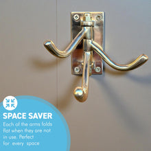 Load image into Gallery viewer, 𝗕𝗥𝗔𝗦𝗦 𝗙𝗢𝗟𝗗𝗜𝗡𝗚 𝗧𝗥𝗜𝗣𝗟𝗘 𝗛𝗢𝗢𝗞 Wall Mount – Space-Saving Coat and Hat Rack
