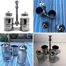 Load image into Gallery viewer, Salt &amp; Pepper Shaker Set, Nickel Plated Glass Pots in a stylish caddy
