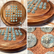 Load image into Gallery viewer, 22cm Diameter wooden SOLITAIRE BOARD GAME with SNOWFLAKE GLASS MARBLES | classic wooden solitaire game | strategy board game | family board game | games for one | board games
