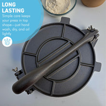 Load image into Gallery viewer, Premium 8" 𝗖𝗔𝗦𝗧 𝗜𝗥𝗢𝗡 𝗧𝗢𝗥𝗧𝗜𝗟𝗟𝗔 𝗣𝗥𝗘𝗦𝗦 – Heavy Duty Roti Maker, Taco &amp; Quesadilla Press, Manual Dough Press, Non-Stick, Durable Kitchen Tool

