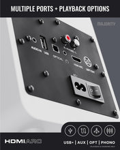 Load image into Gallery viewer, Refurbished Majority White D70X 𝗕𝗟𝗨𝗘𝗧𝗢𝗢𝗧𝗛 𝗕𝗢𝗢𝗞𝗦𝗛𝗘𝗟𝗙 𝗦𝗣𝗘𝗔𝗞𝗘𝗥𝗦 – Powered Stereo, USB Playback &amp; Charging, HDMI ARC, Optical, Phono, Aux, Turntable Compatible, Extra Bass
