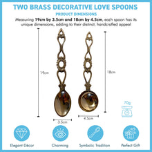 Load image into Gallery viewer, Set of 2 brass Love Spoons, decorative wedding tokens, rustic altar spoons, country kitchen decor, perfect housewarming gift
