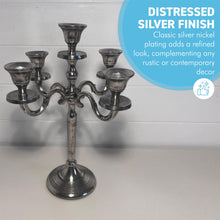 Load image into Gallery viewer, Elegant 5-Arm Silver Candelabra, 30cm – Distressed Nickel Finish Metal Candle Holder for Table Decor, Weddings &amp; Events
