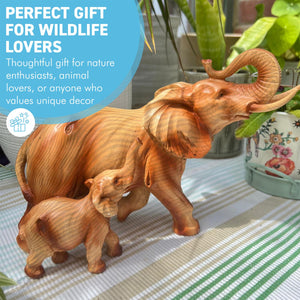 Wood Effect Elephant and Calf Decorative Ornament - Wildlife Home Accessory Gift for Living Room
