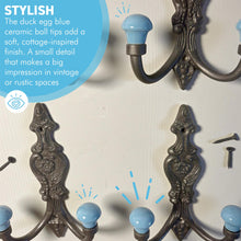 Load image into Gallery viewer, Set of 4 𝗙𝗥𝗘𝗡𝗖𝗛 𝗦𝗧𝗬𝗟𝗘 𝗖𝗔𝗦𝗧 𝗜𝗥𝗢𝗡 𝗗𝗢𝗨𝗕𝗟𝗘 𝗛𝗢𝗢𝗞𝗦 – Duck Egg Blue Ceramic Tops, Wall Coat Hooks for Hallway, Cloakroom, Bedroom
