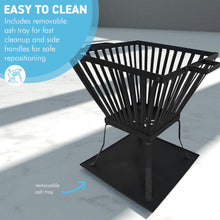 Load image into Gallery viewer, 𝗛𝗘𝗔𝗩𝗬 𝗗𝗨𝗧𝗬 𝗦𝗧𝗘𝗘𝗟 𝗦𝗧𝗔𝗡𝗗𝗜𝗡𝗚 𝗙𝗜𝗥𝗘 𝗕𝗔𝗦𝗞𝗘𝗧 𝘄𝗶𝘁𝗵 𝗔𝘀𝗵 𝗧𝗿𝗮𝘆 𝗛𝟰𝟱 𝘅 𝗪𝟯𝟵𝗰𝗺 | Fire Pit | Raised Design | 4-Leg Base | Easy Assembly | Outdoor Fire Bowl
