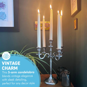 Elegant 5-Arm Silver Candelabra, 30cm – Distressed Nickel Finish Metal Candle Holder for Table Decor, Weddings & Events