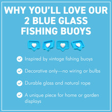 Load image into Gallery viewer, TWO DEEP BLUE GLASS FISHING FLOAT ORNAMENTAL SEA BUOY | hand blown | nautical seafaring fishing rustic décor | 10cm diameter | with rustic brown string netting and hanging loop | Japanese style glass fishing floats
