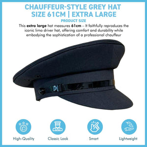 Size 61cm | X Large Light Grey Chauffeur Style Peaked Cap | Traditional style ideal for weddings, school proms and special events| Driving Cap | UK size 7 1/2| US size 7 5/8