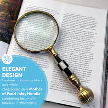 Load image into Gallery viewer, Magnifying Glass with Mother of Pearl Inlay and ball and chess patterned handle, elegant decorative handheld magnifier for reading and collecting
