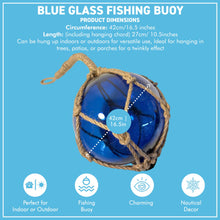 Load image into Gallery viewer, DEEP BLUE GLASS FISHING FLOAT ORNAMENTAL SEA BUOY | hand blown | nautical seafaring fishing rustic décor | 10cm diameter | with rustic brown string netting and hanging loop | Japanese style glass fishing floats
