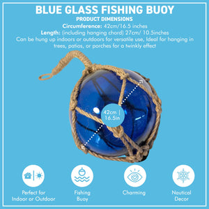 DEEP BLUE GLASS FISHING FLOAT ORNAMENTAL SEA BUOY | hand blown | nautical seafaring fishing rustic décor | 10cm diameter | with rustic brown string netting and hanging loop | Japanese style glass fishing floats