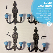 Load image into Gallery viewer, Set of 4 𝗙𝗥𝗘𝗡𝗖𝗛 𝗦𝗧𝗬𝗟𝗘 𝗖𝗔𝗦𝗧 𝗜𝗥𝗢𝗡 𝗗𝗢𝗨𝗕𝗟𝗘 𝗛𝗢𝗢𝗞𝗦 – Duck Egg Blue Ceramic Tops, Wall Coat Hooks for Hallway, Cloakroom, Bedroom
