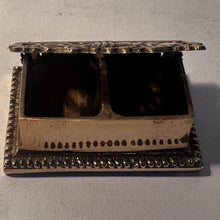 Load image into Gallery viewer, Antique style brass sunflower postage stamp holder and inkwell – polished brass desk organizer and storage
