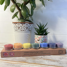 Load image into Gallery viewer, Chakra tea light candles set of 7 | each a different colour and with a different fragrance to represent 7 chakras | 100% pure natural Palm Wax and contain 3% pure essential oils
