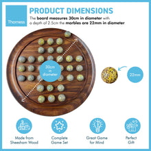 Load image into Gallery viewer, 30cm Diameter WOODEN SOLITAIRE BOARD GAME with SPECKLED GOLDEN SPINOSAURUS GLASS MARBLES | |classic wooden solitaire game | strategy board game | family board game | games for one | board games
