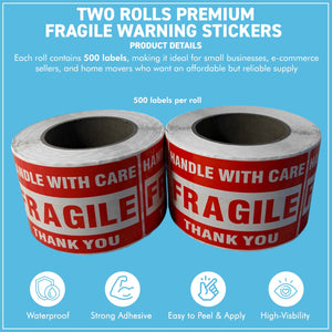 Two Rolls Premium Fragile Warning Stickers – Self-Adhesive “Fragile Handle with Care” Shipping Labels, 1000 Stickers per Roll, Bright Red & White, Waterproof & Tear-Resistant, for Boxes, Parcels & Packages