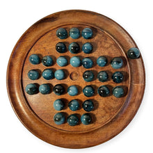 Load image into Gallery viewer, 30cm Diameter MANGO WOOD SOLITAIRE BOARD GAME with Midnight Blue Glass Marbles | |classic wooden solitaire game | strategy board game | family board game | games for one | board games
