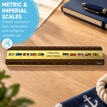 Load image into Gallery viewer, The Code Flag Ruler – Solid Teak with an Inlaid Brass Panel, 15cm
